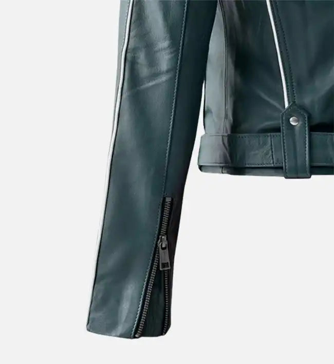 Women’s Prussian Blue Sheepskin Leather Jacket with White Stripes