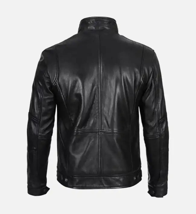 Men’s Sheepskin Real Leather Biker Jacket – Black with Sleek Minimalist Design