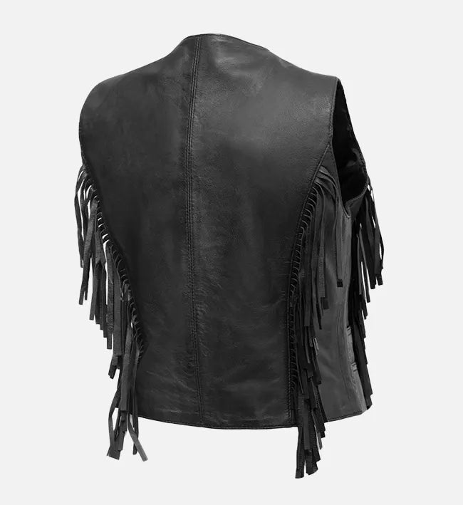 Women’s Black Sheepskin Leather Vest with Fringed Detailing