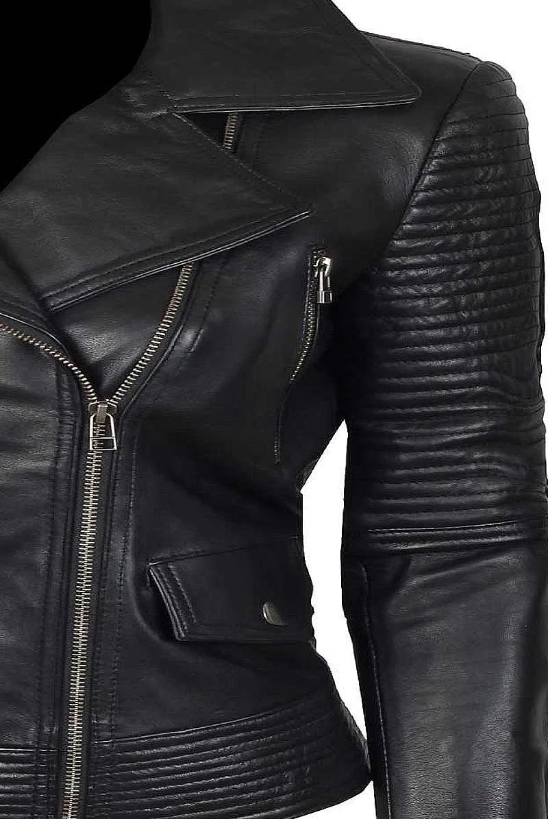 Women's Luxury Lambskin Leather Jacket - Classic Biker Style, Asymmetrical Zip Closure - Tailored Fit, Soft and Supple Genuine Leather