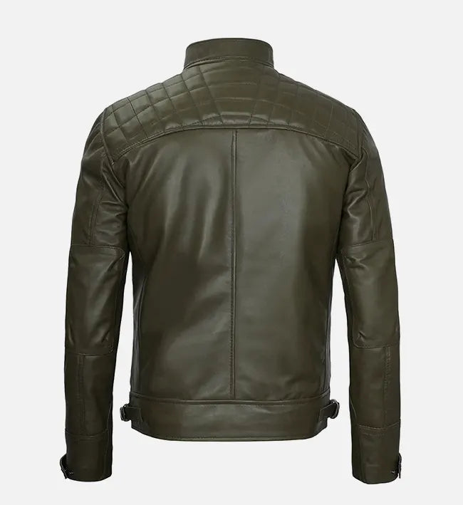 Men’s Sheepskin Olive Green Leather Café Racer Jacket