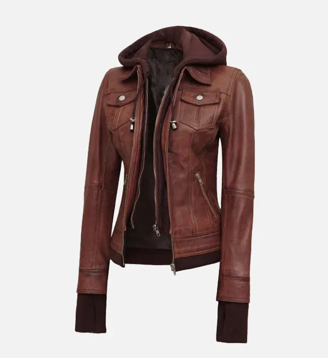 Women’s Dark Brown Sheepskin Leather Jacket with Removable Hood