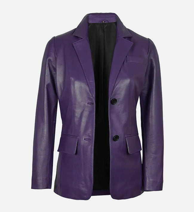 Women’s Sheepskin Two Button Real Leather Blazer – Red & Purple with Notched Lapel Collar