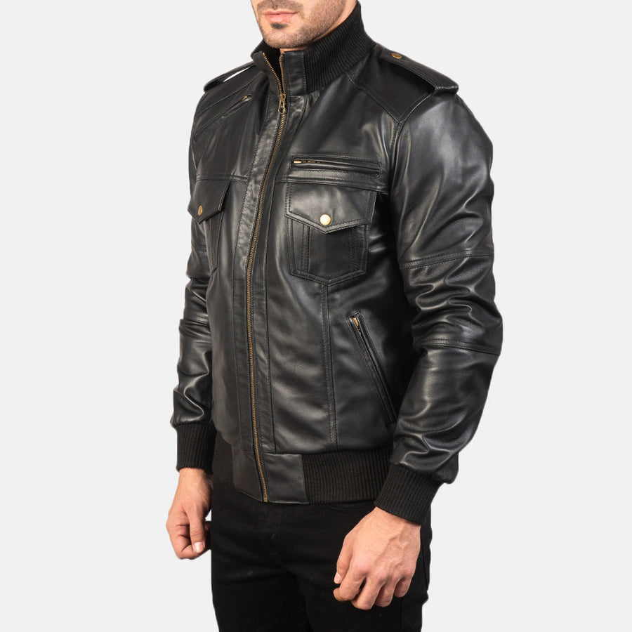 Men’s Sheepskin Leather Jacket with High-Neck Collar &amp; Shoulder Epaulettes