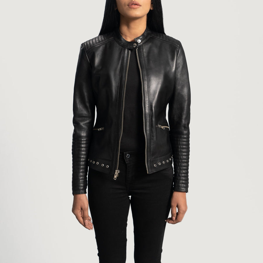 Women’s Black Sheepskin Leather Biker Jacket with Band Collar