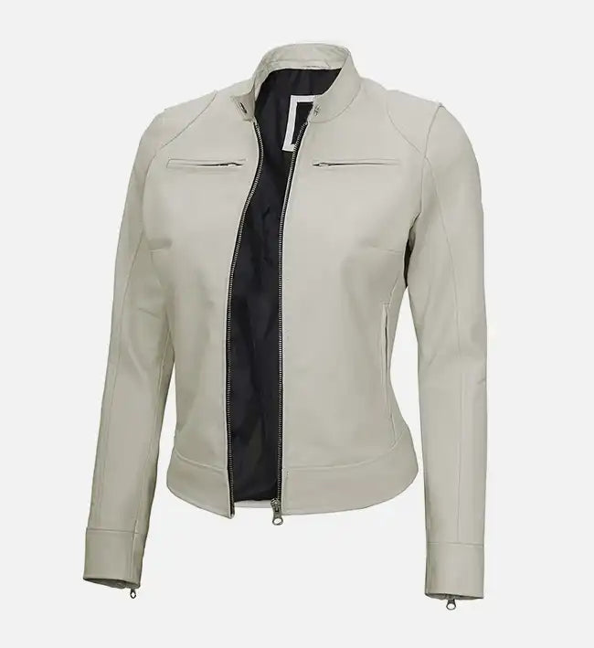 Women’s Sheepskin Leather Jacket – White & Yellow with Streamlined Design