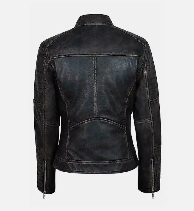 Women’s Sheepskin Vintage Biker Black Leather Jacket – Dusty Shaded with Padded Detailing