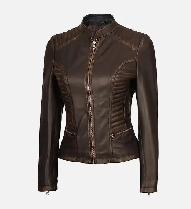 Women’s Sheepskin Dark Brown Rub-off Café Racer Leather Jacket