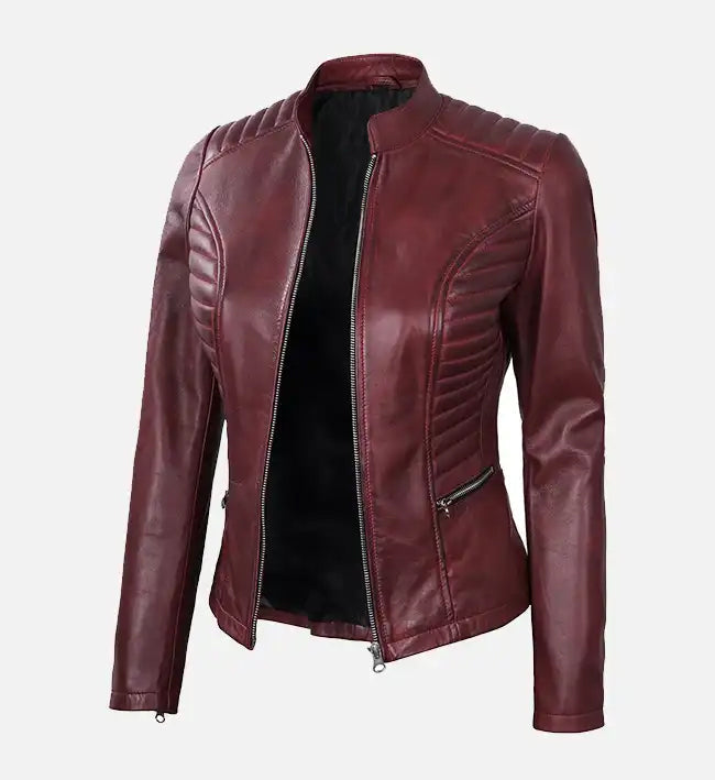 Women’s Sheepskin Maroon Leather Café Racer Jacket with Quilted Padded Detailing