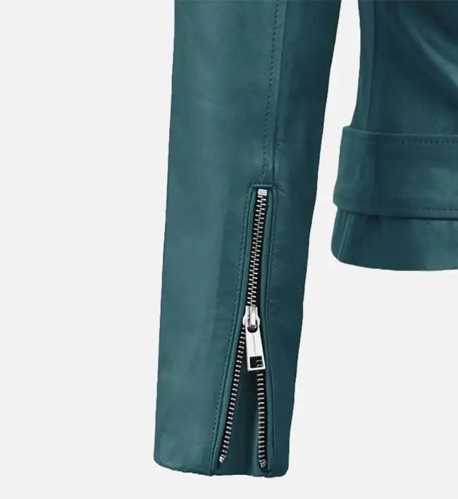 Women’s Prussian Blue Sheepskin Leather Biker Jacket with Asymmetrical Zipper