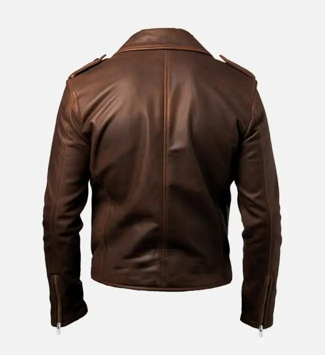 Men’s Sheepskin Leather Rider Jacket – Brown with Wide Lapel and Distressed Finish