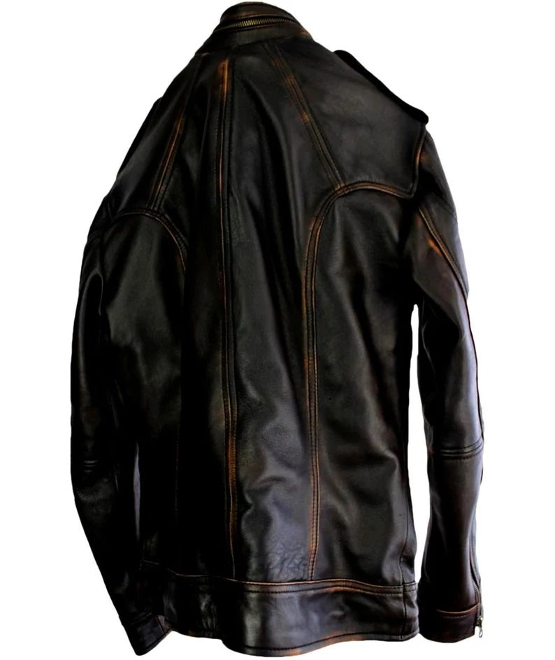 Distressed Leather Jacket Men - Genuine Leather Jacket Moto Biker Style for all occasions