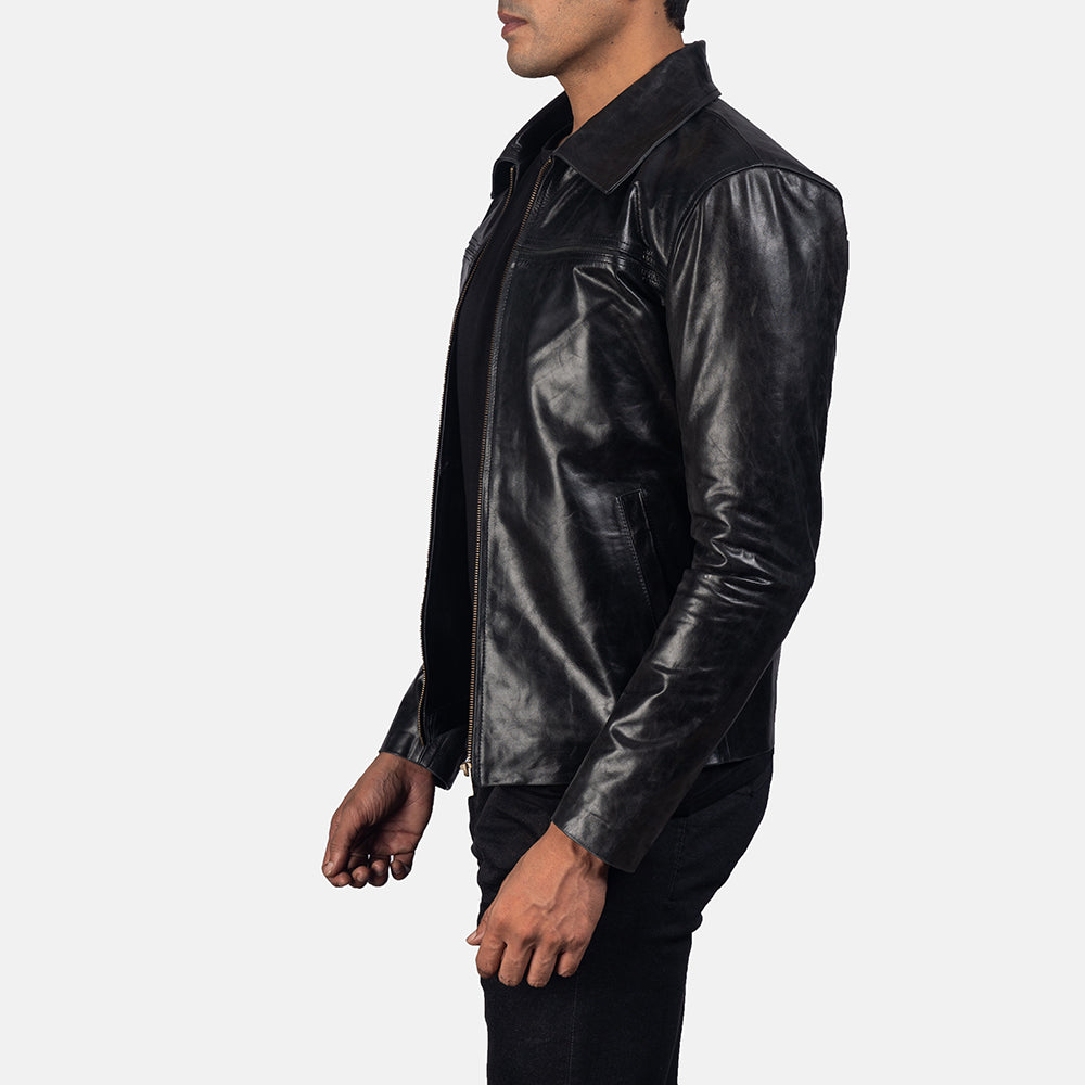 Men’s Black Cowhide Leather Biker Jacket – Classic Shirt Collar Style