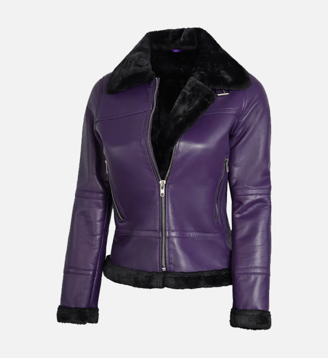 Women’s Purple Sheepskin Shearling Leather Jacket with Belted Collar