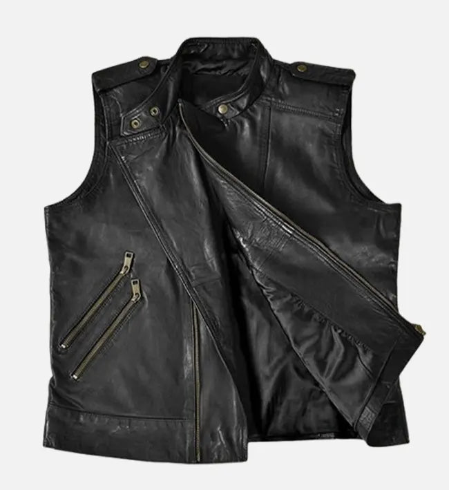 Men’s Black Sheepskin Leather Vest with Asymmetrical Zipper & Snap-Tab Waist