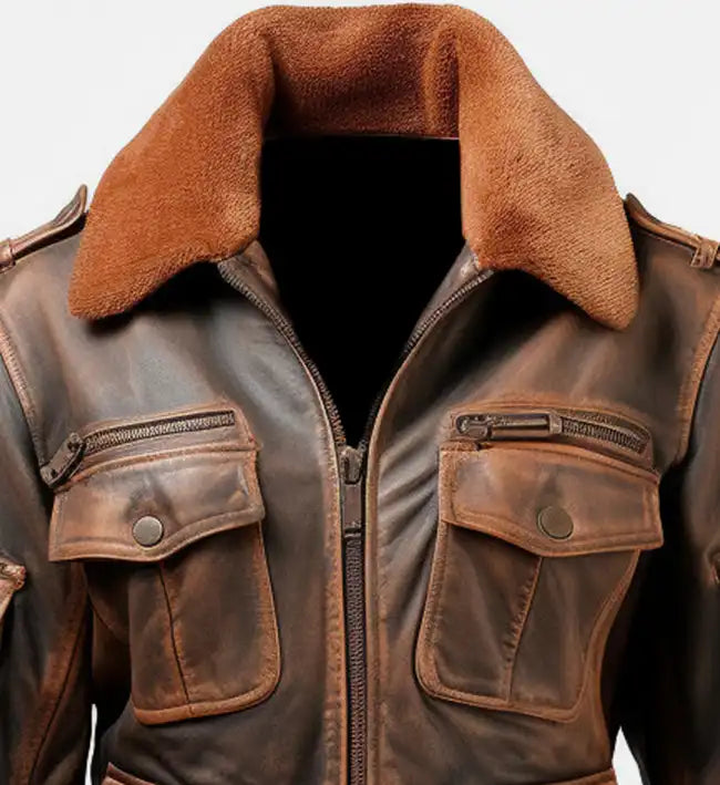 Women’s Sheepskin Leather Bomber Jacket – Brown with Faux-Fur Collar
