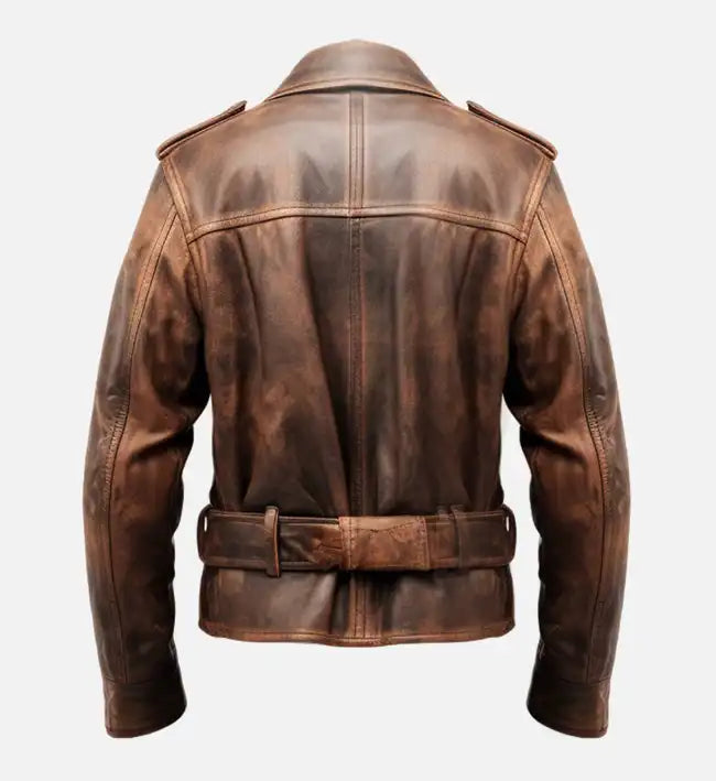 Men’s Sheepskin Leather Rider Jacket – Brown with Stud Buttons & Distressed Finish