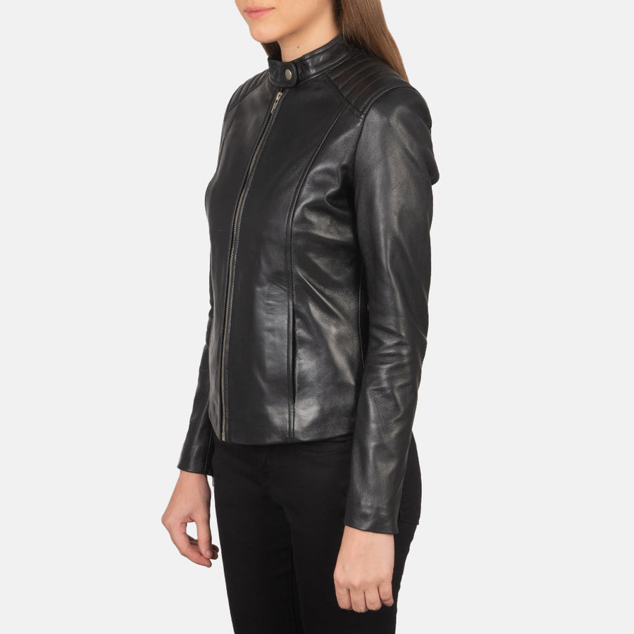 Women’s Sheepskin Genuine Leather Biker Jacket with Quilted Shoulders