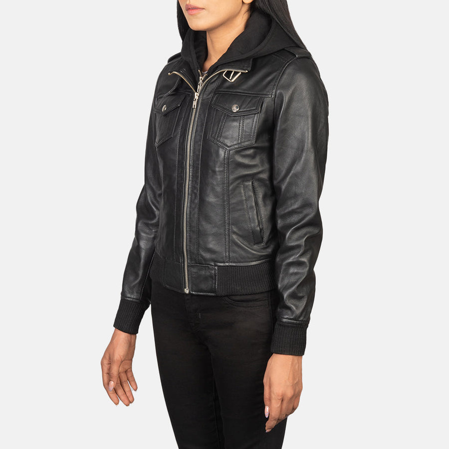 Genuine Sheepskin Leather Hooded Bomber Jacket For Women