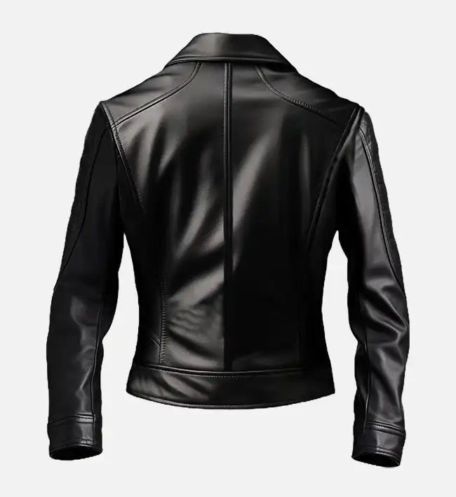 Women’s Black Sheepskin Leather Biker Jacket – Quilted Sleeves & Belted Waist