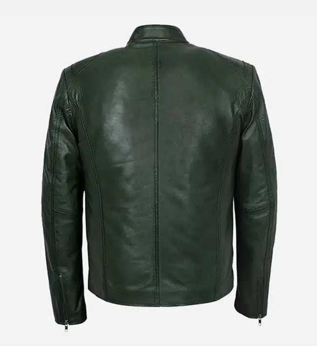 Men’s Sheepskin Genuine Leather Jacket – Dark Green Biker Style