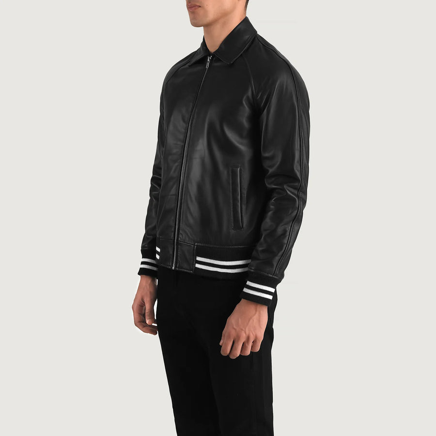 Men’s Semi-Aniline Sheepskin Leather Jacket with Rib Knit Cuffs & Hem