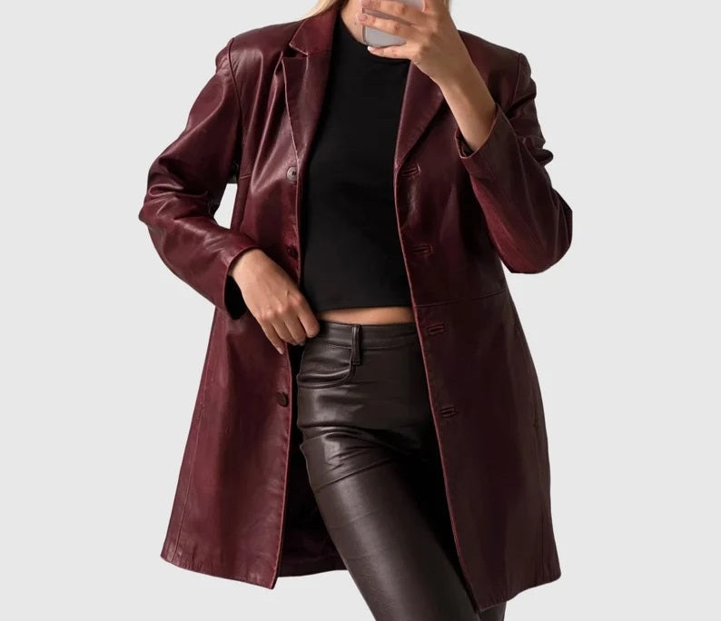 Women's Genuine Leather Long Coat - Burgundy Leather Trench for Girls - Luxury Leather Duster Coat