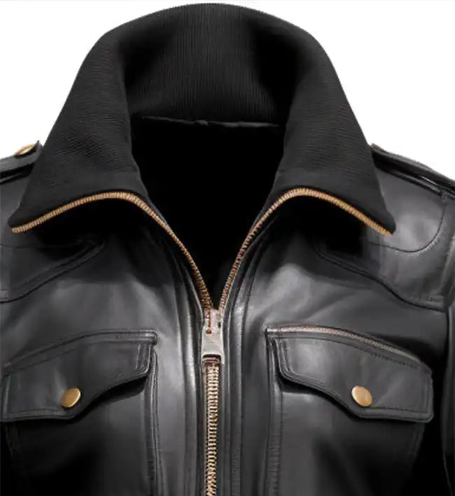 Women’s Sheepskin Leather Jacket – Black with Studded Details & Rib-Knitted Accents