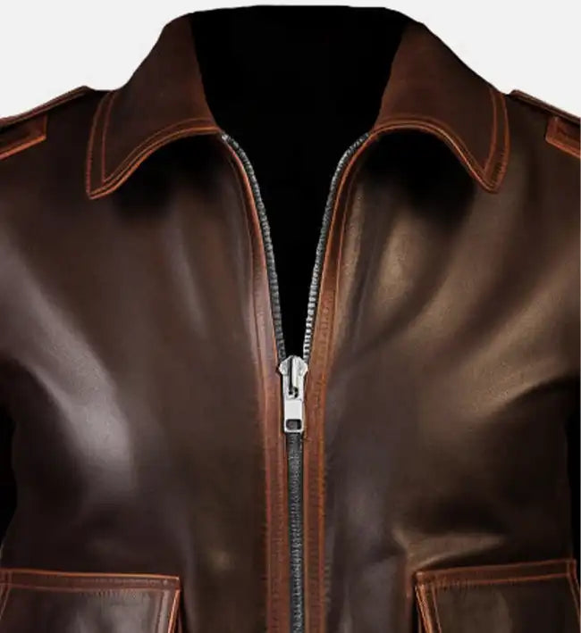 Women’s Brown Sheepskin Leather Bomber Jacket with Ribbed Hemline