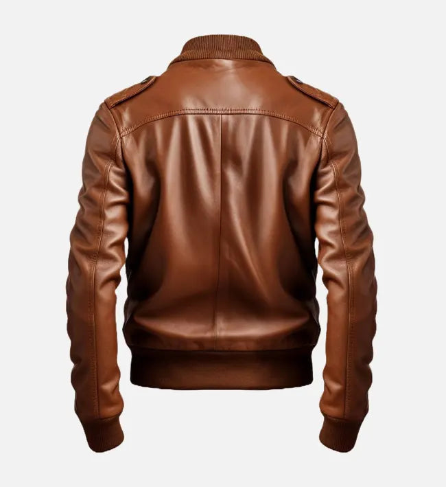 Iconic Sheepskin Strap Pocket Style Leather Bomber Jacket – Brown with Ribbed Collar & Epaulettes