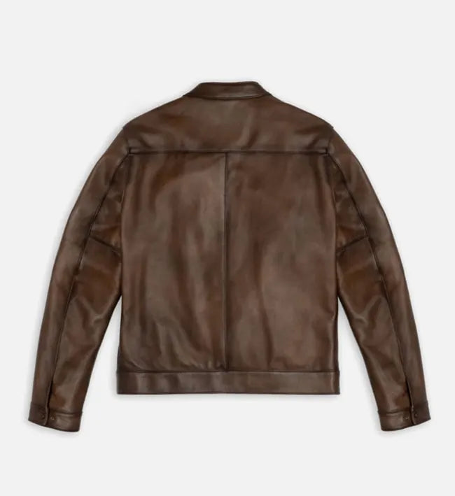 Genuine Sheepskin Leather Biker Jacket – Brown & Tan Brown with Streamlined Pattern Detailing