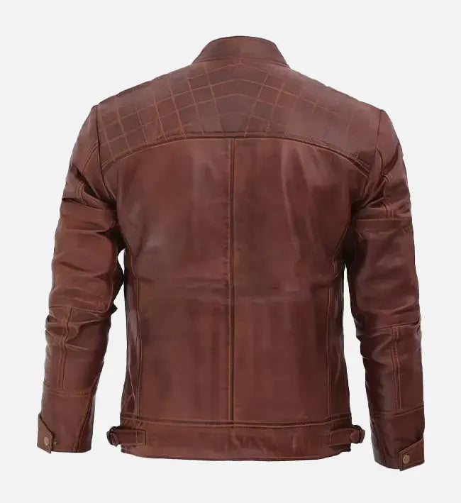Genuine Sheepskin Brown Café Racer Diamond Quilted Leather Jacket