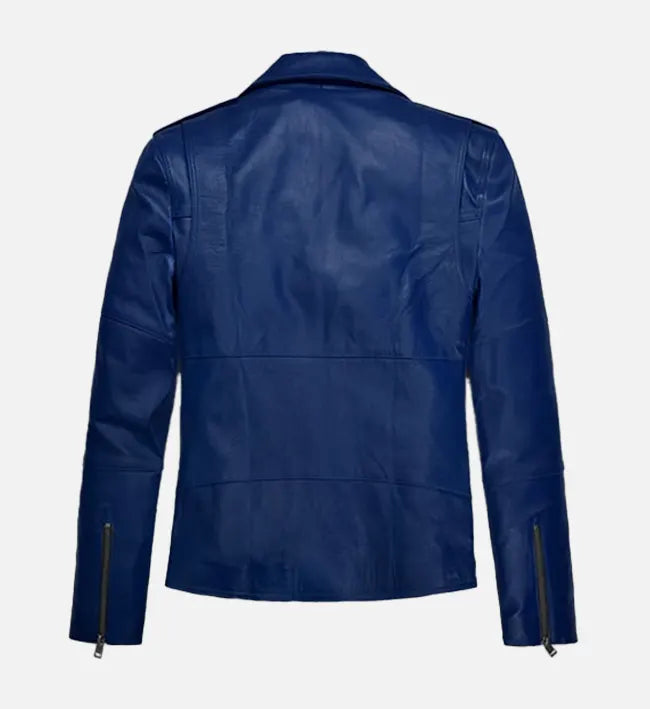 Men’s Sheepskin Leather Biker Jacket – Blue with Shoulder Epaulettes and Waist Belts