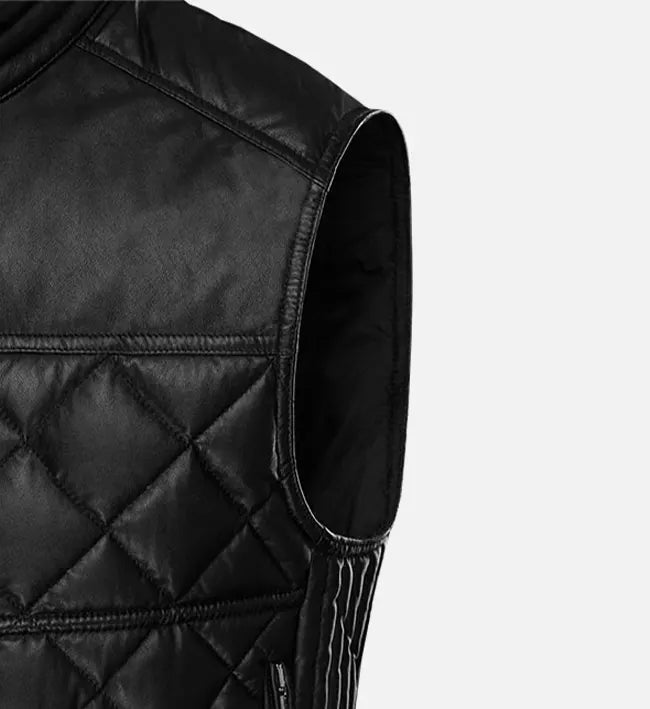 Men’s Black Sheepskin Leather Vest with Quilted Design & Stand-Up Collar