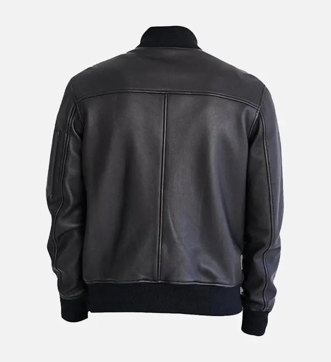 Men’s Sheepskin Leather Bomber Jacket – Black with Ribbed Collar and Hemline