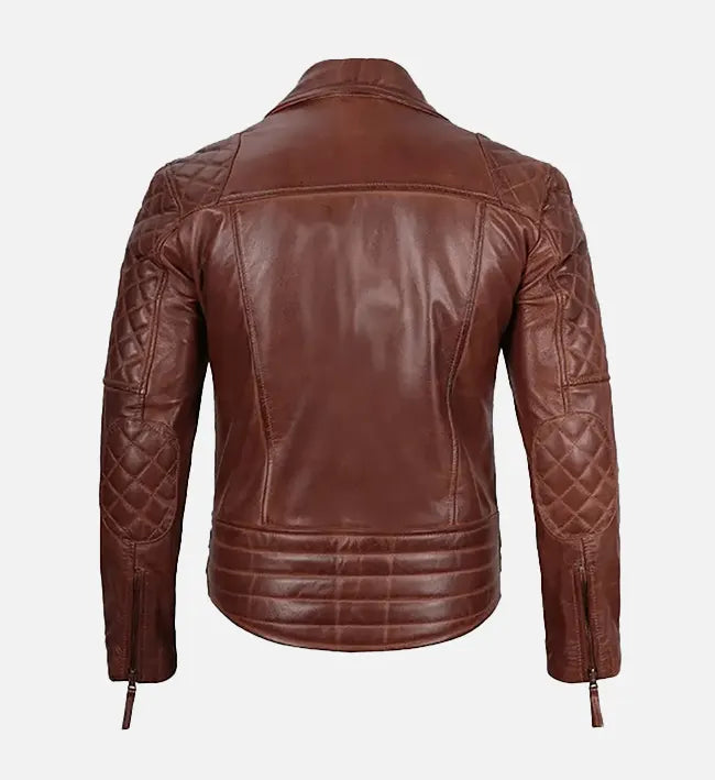 Men’s Sheepskin Leather Biker Jacket – Brown with Quilted Shoulders and Waist Straps