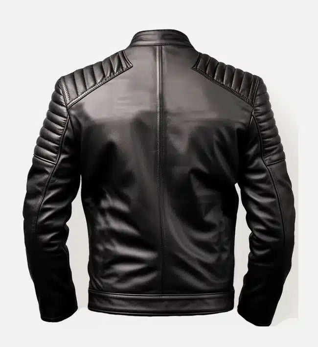 Genuine Sheepskin Leather Biker Jacket For Men – Black with Quilted Shoulder Detailing