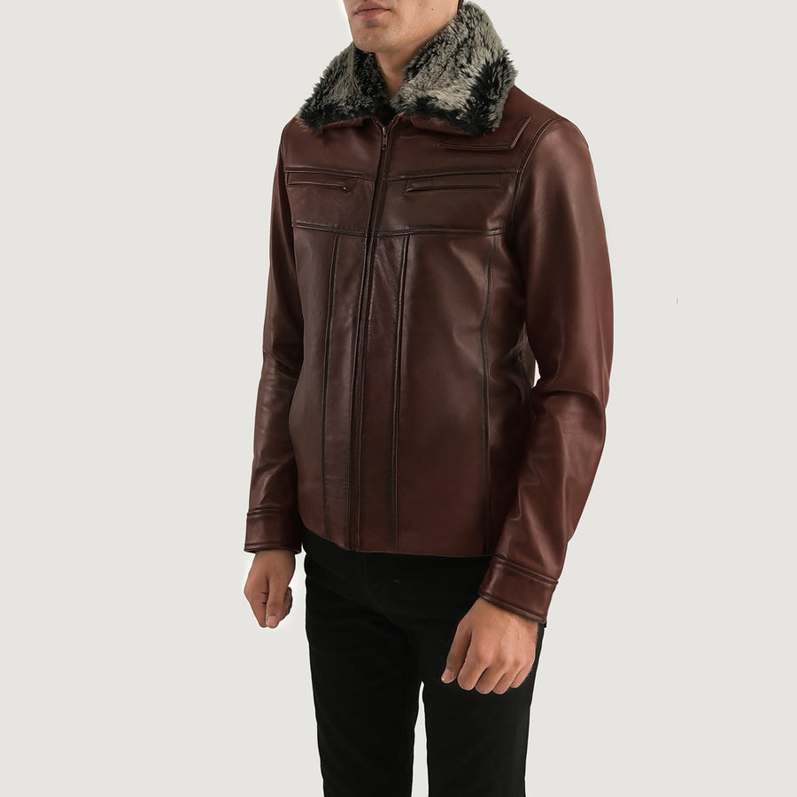 Iconic Distressed Brown Sheepskin Leather Jacket with Detachable Faux Fur Collar