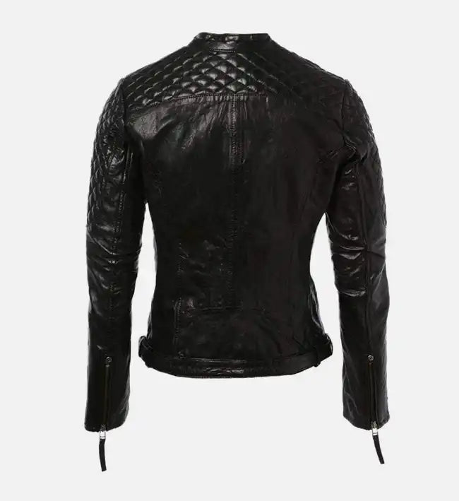 Women’s Sheepskin Short Quilted Shoulder Biker Leather Jacket