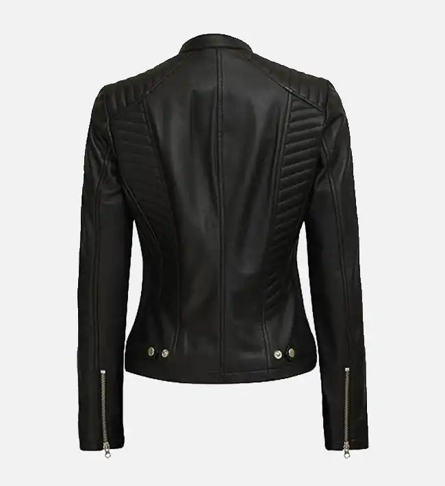 Women’s Sheepskin Leather Café Racer Jacket – Black with Quilted Detailing