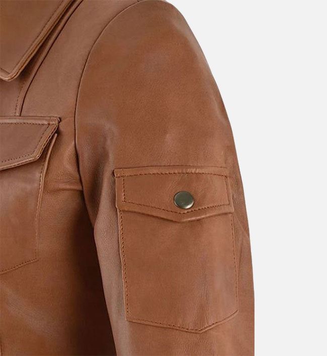 Women’s Sheepskin Leather Trucker Jacket – Tan Brown with Classic Silhouette