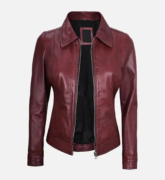 Women’s Sheepskin Leather Jacket – Maroon with Shirt-Style Collar