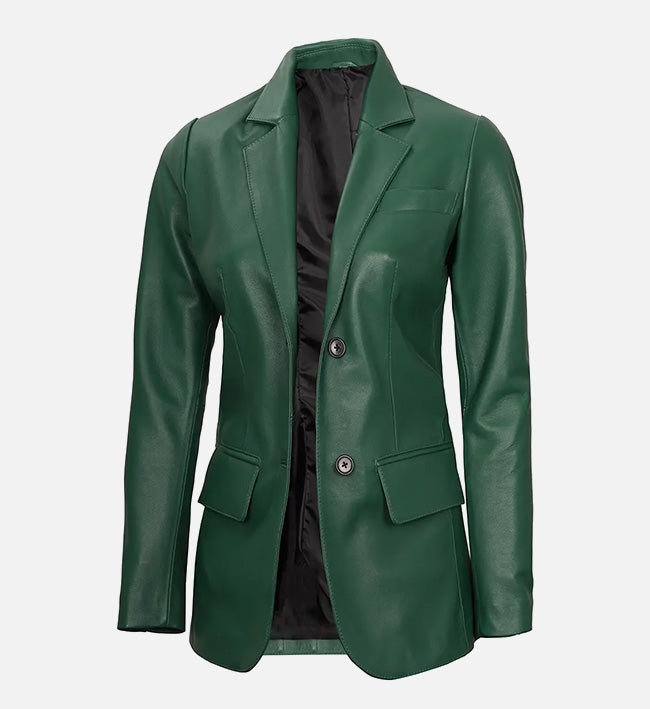 Women’s Green Sheepskin Leather Blazer Jacket with Contrast Black Buttons