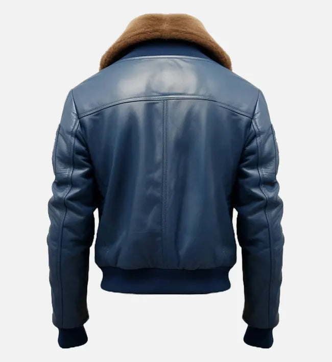 Men’s Sheepskin Leather Bomber Jacket – Blue with Shearling Collar