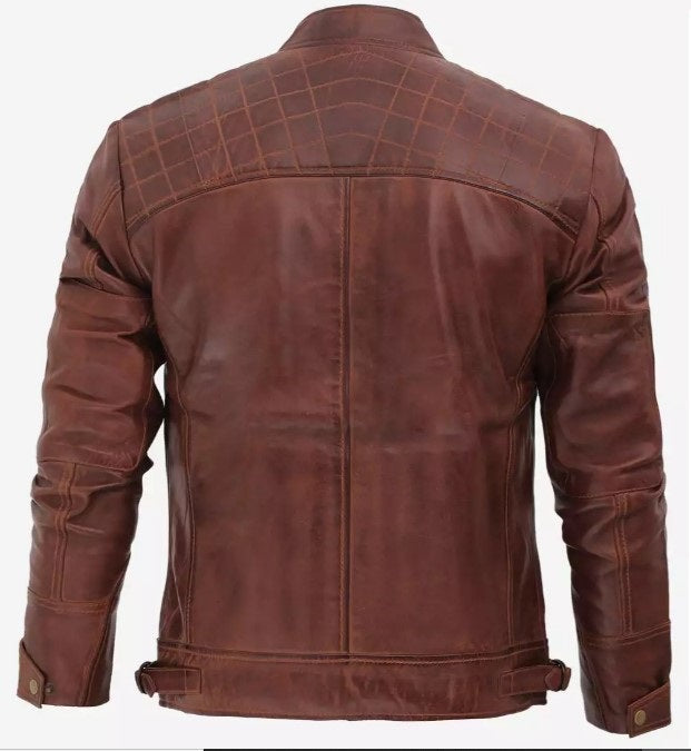Men's Cafe Racer Leather Jacket - Retro Style Asymmetrical Moto Quilted Shoulder Leather Jacket