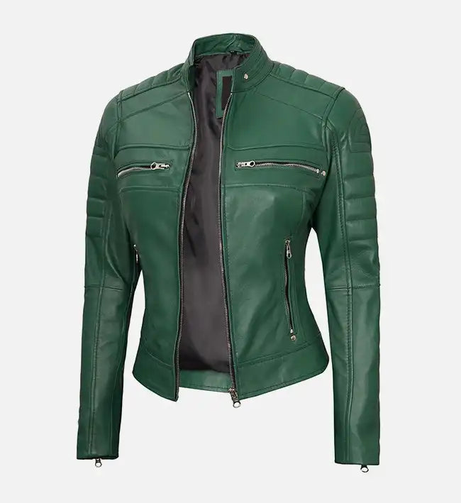 Women’s Sheepskin Leather Café Racer Jacket – Green & Beige with Quilted Shoulders