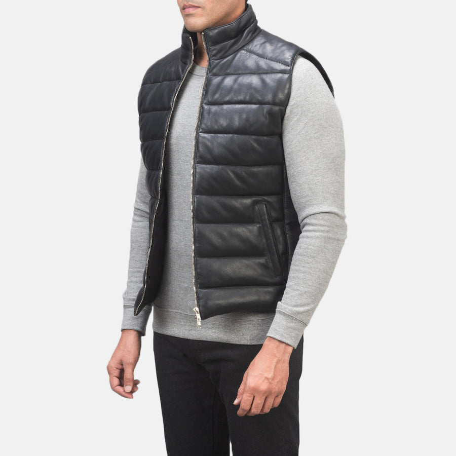 Men’s Aniline Sheepskin Leather Puffer Vest – Dual Zipper Closure