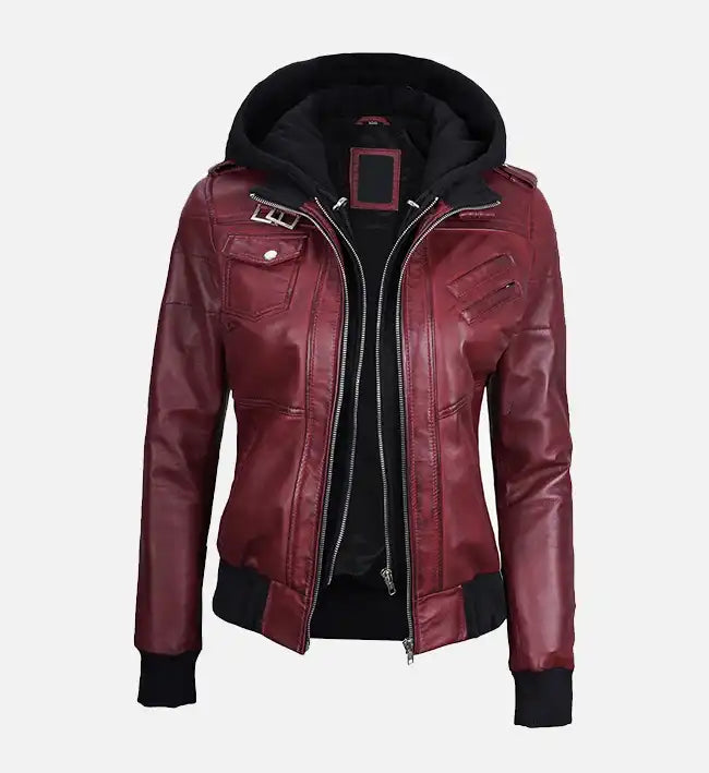 Women’s Sheepskin Leather Bomber Jacket – Maroon with Detachable Hood