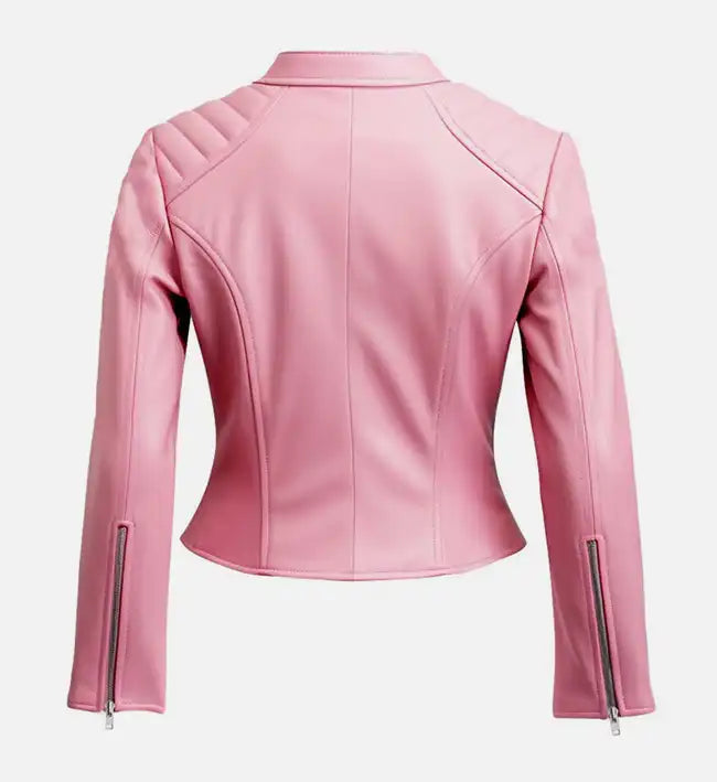 Women’s Pink Sheepskin Leather Biker Jacket – Cropped Fit with Quilted Shoulders
