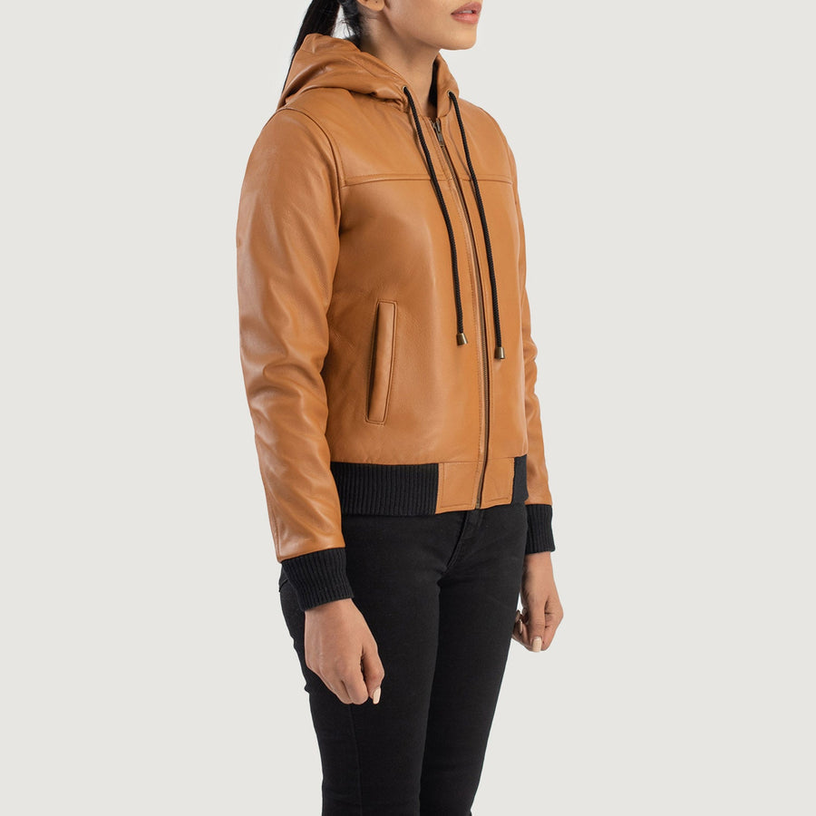 Women’s Hooded Sheepskin Leather Bomber Jacket with Fleece Lining